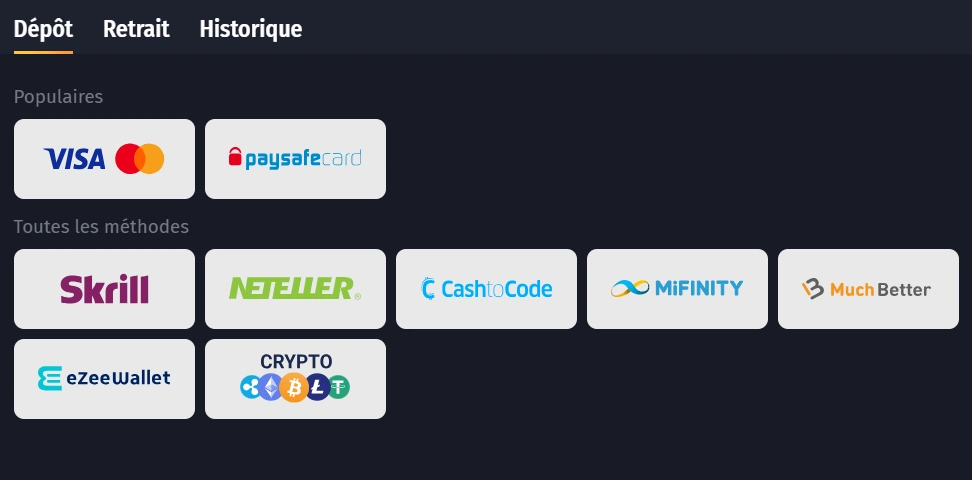 WinShark Méthodes de Paiement