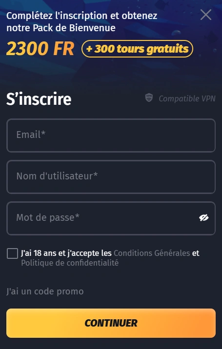 WinShark Inscription en Version Mobile